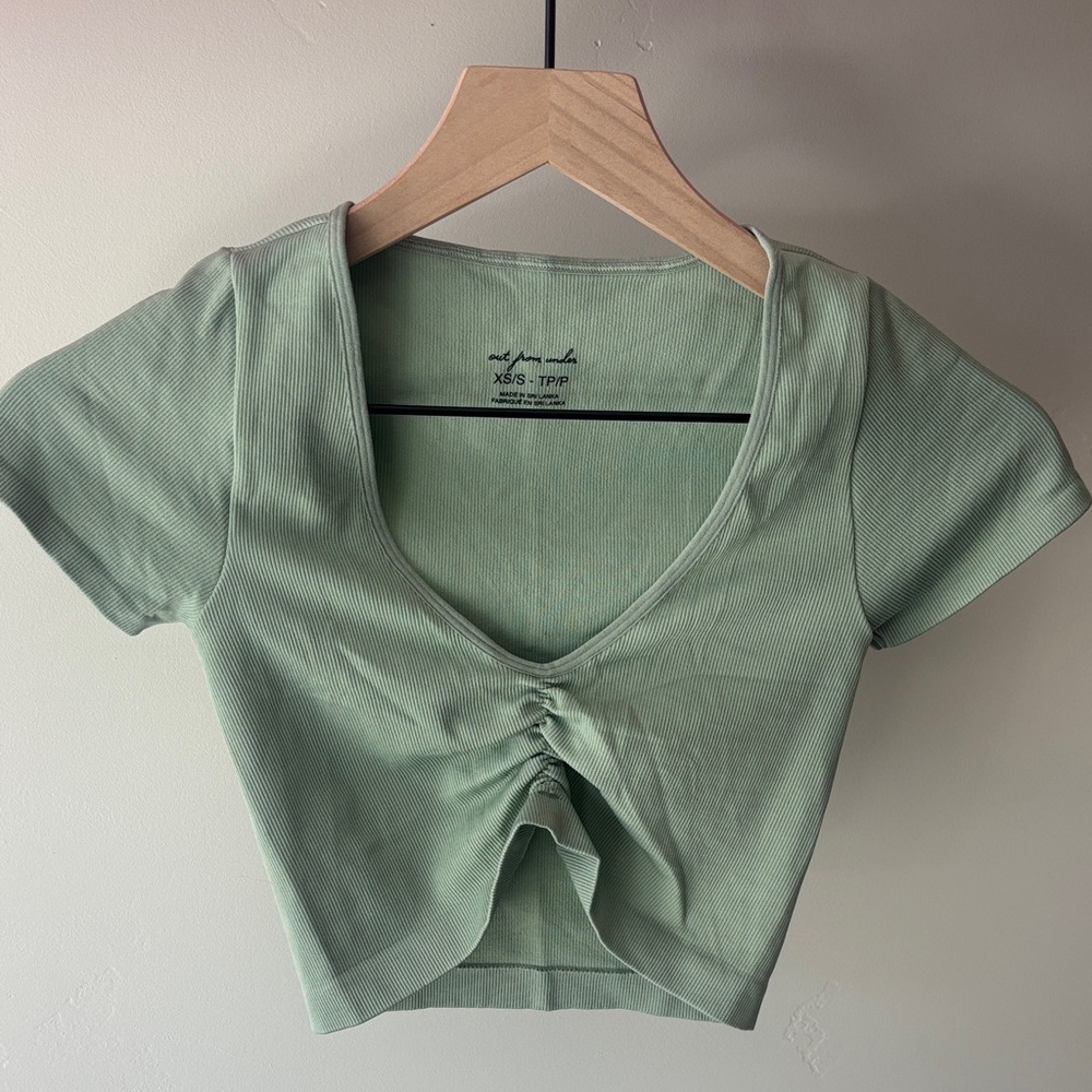 Urban Outfitters Light Green Ruched V-Neck Crop Top